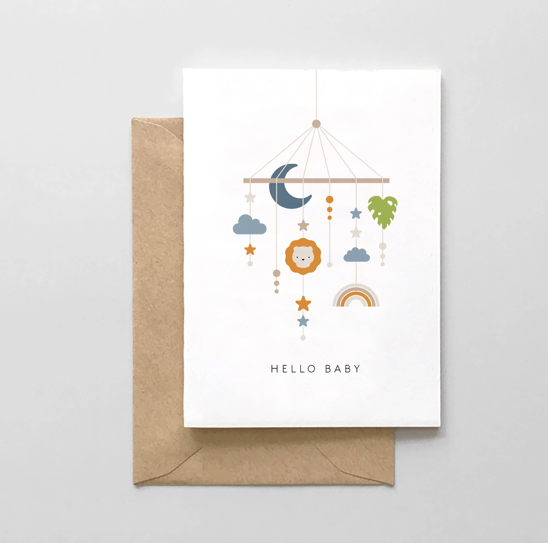 hello baby greeting card with a sweet mobile depicted on the front