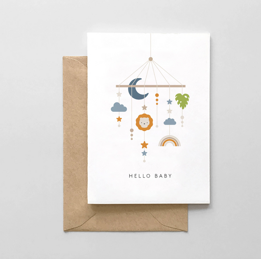 hello baby greeting card with a sweet mobile depicted on the front