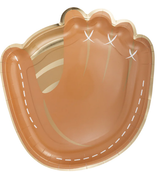 paper party plate in the shape of a baseball mitt