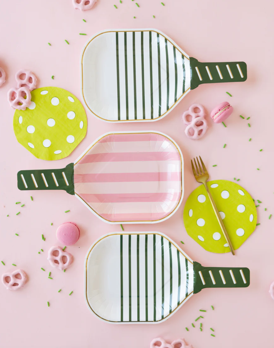 Laydown image of pink pickleball shaped plates