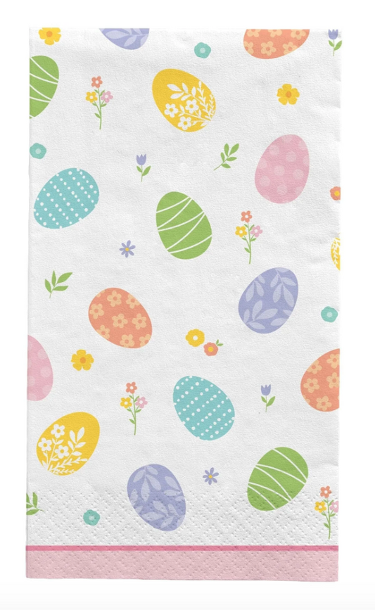 Pastel Easter egg dinner napkin with a pink trim