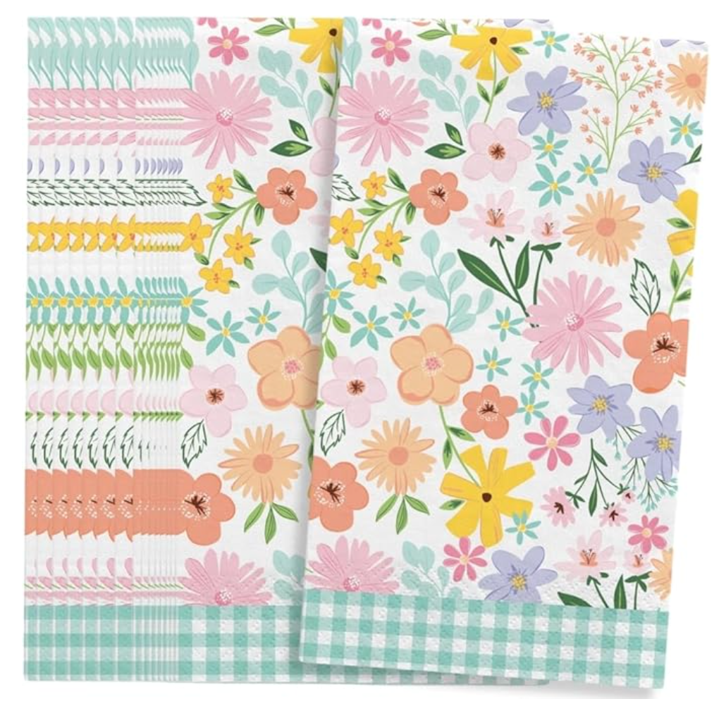 Springtime floral dinner napkins with gingham trim