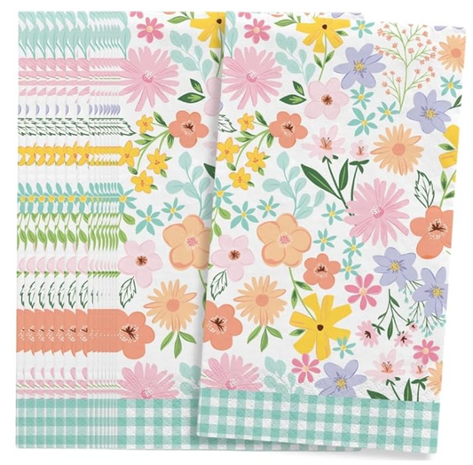 Springtime floral dinner napkins with gingham trim