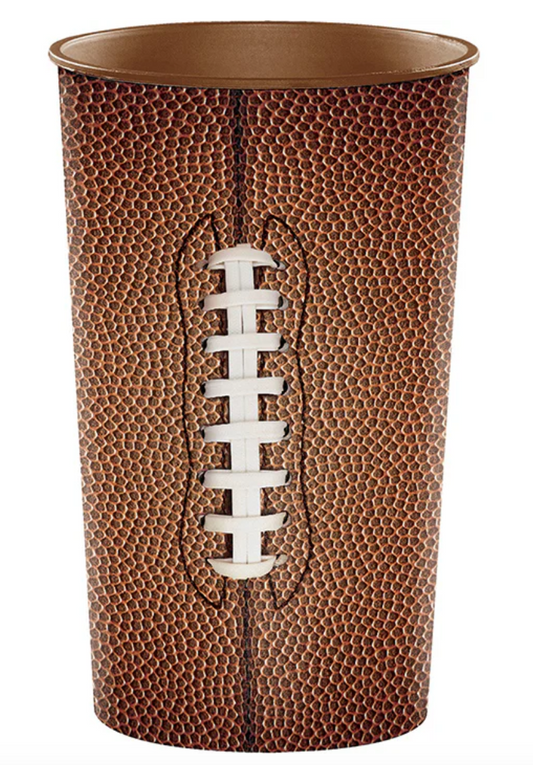 22oz plastic cup designed to look like a football with brown leather texture and white stitching on a white background