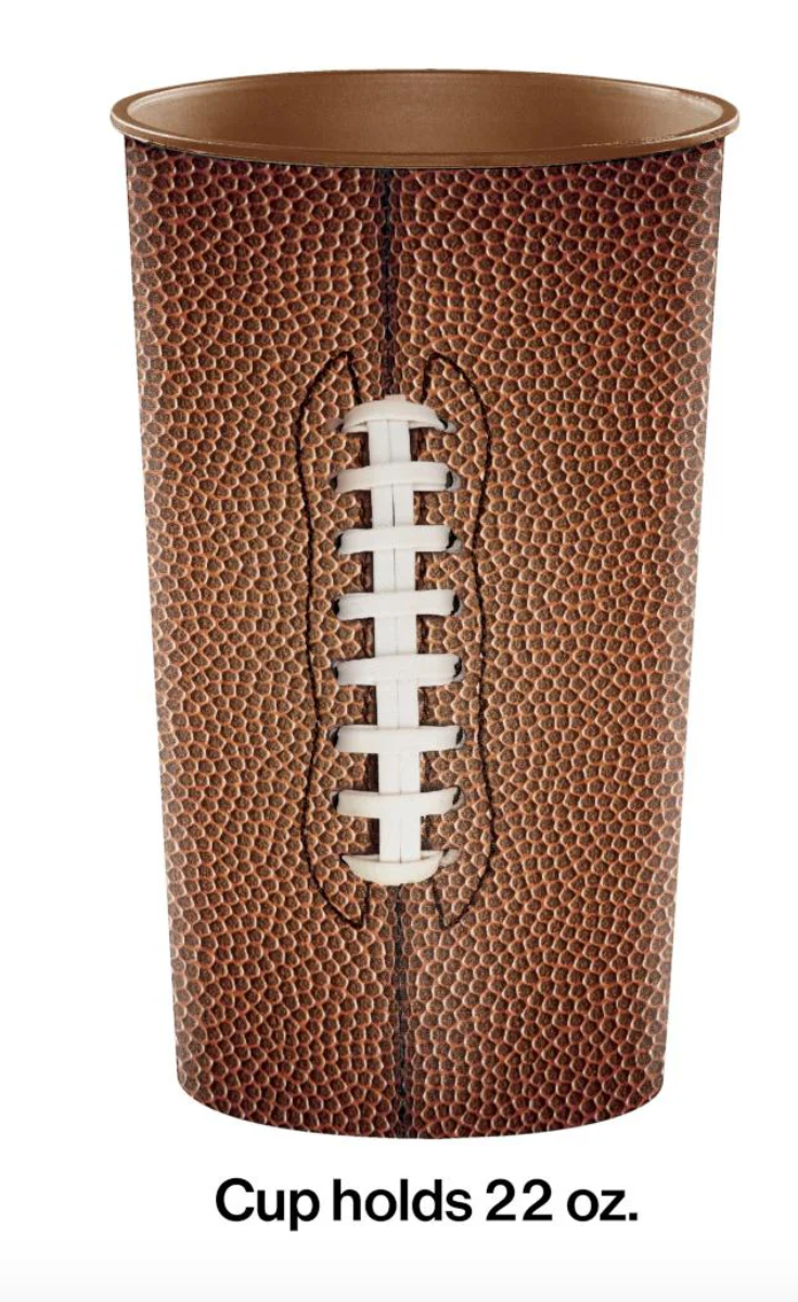 22oz plastic cup designed to look like a football with brown leather texture and white stitching on a white background