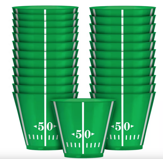 green plastic cups with a football field design