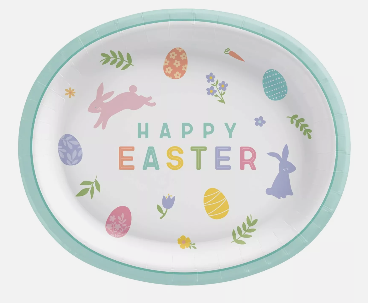 large, oval-shaped paper plates for Easter with "Happy Easter" written on the front and images of flowers, bunnies and carrots