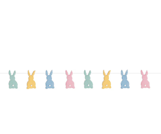 gingham bunny banner featuring yellow, pink, blue and green colored bunnies 