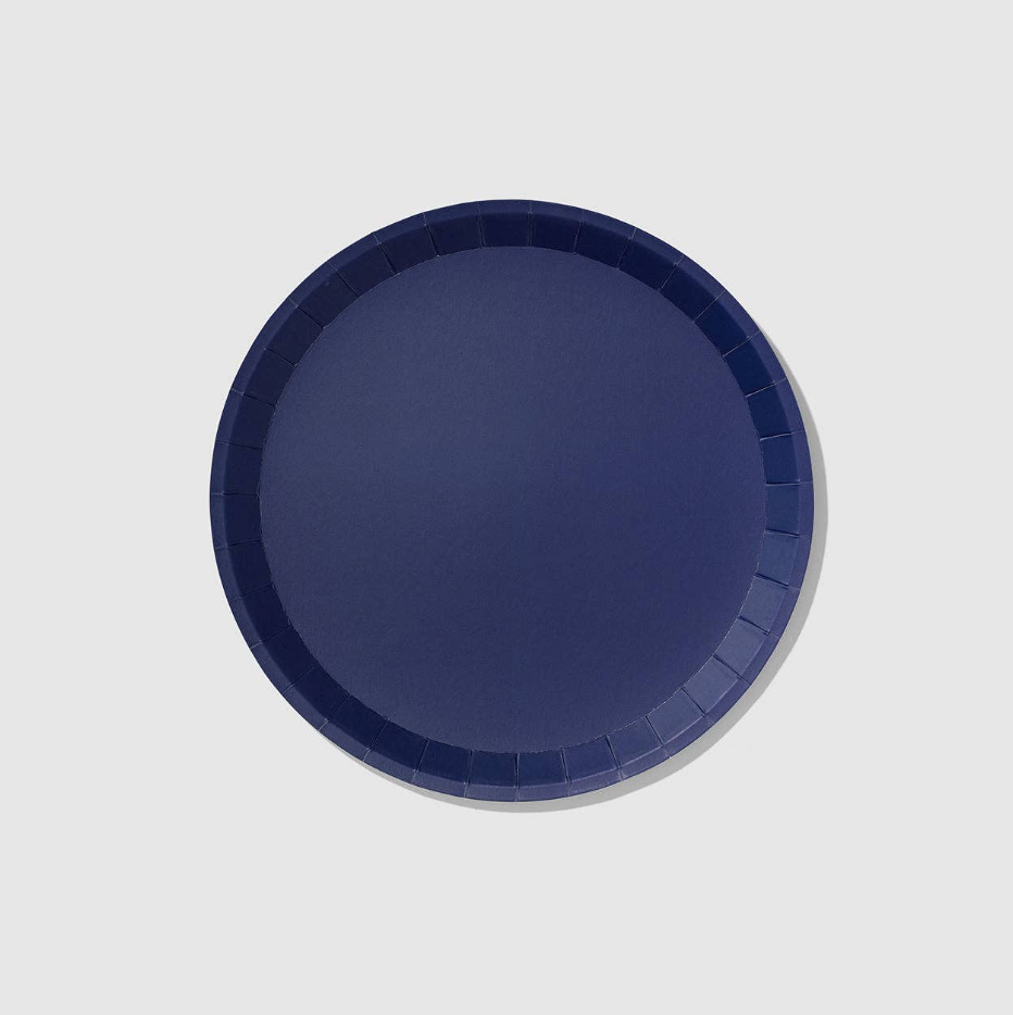 Navy blue plate on a light gray background