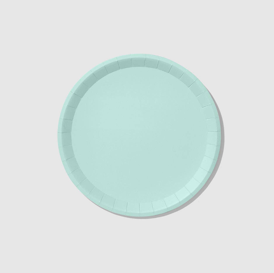 Mint green paper plate on a light gray background