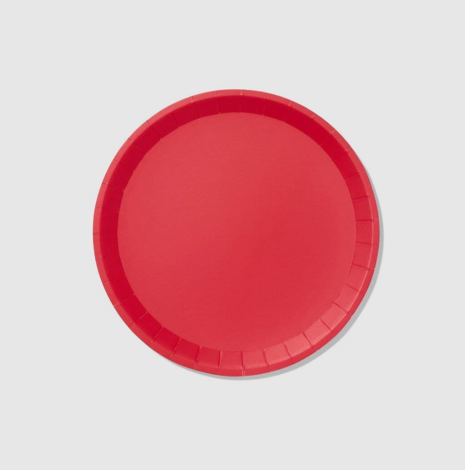 Red paper plate on a light gray background