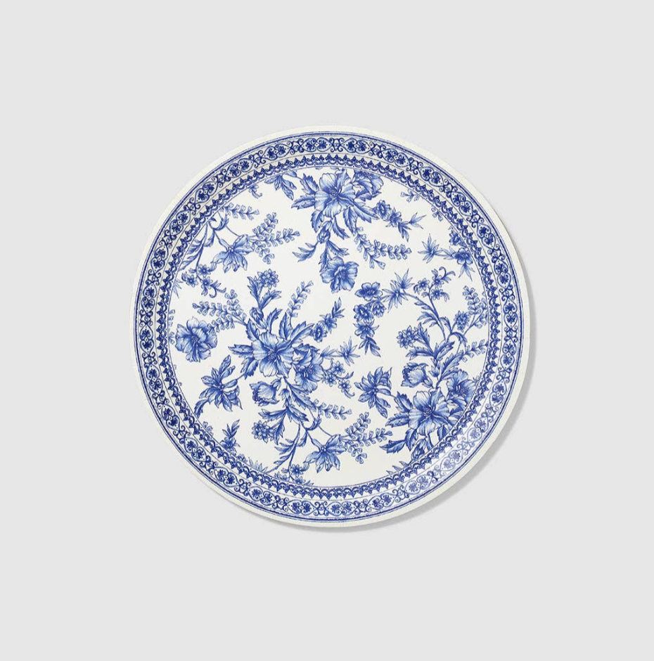 Decorative plate with blue floral pattern on a white background