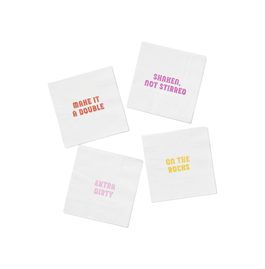 Four cocktail napkins with humorous drink-themed sayings on a white background