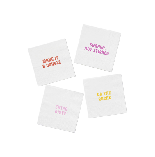 Four cocktail napkins with humorous drink-themed sayings on a white background