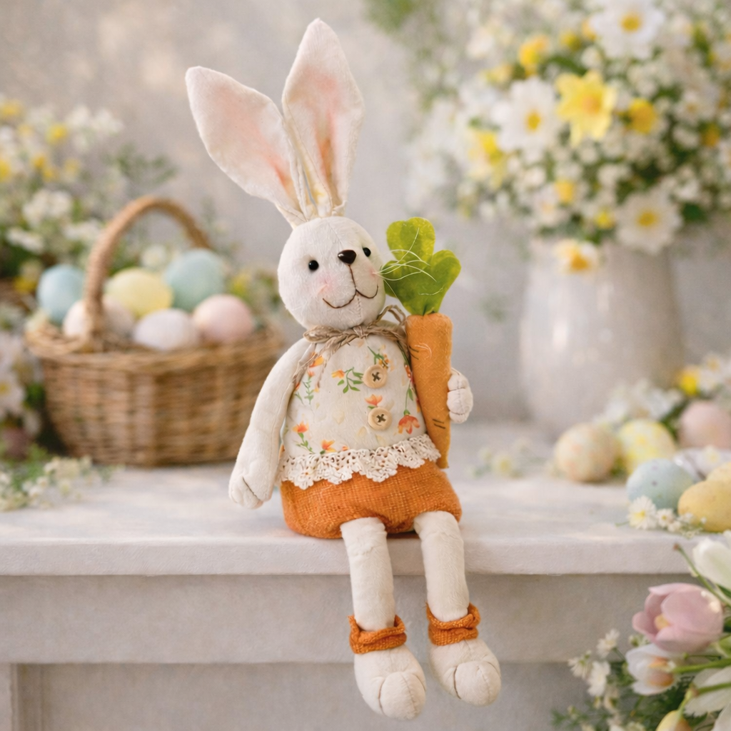Plush bunny holding a carrot with Easter decorations in the background