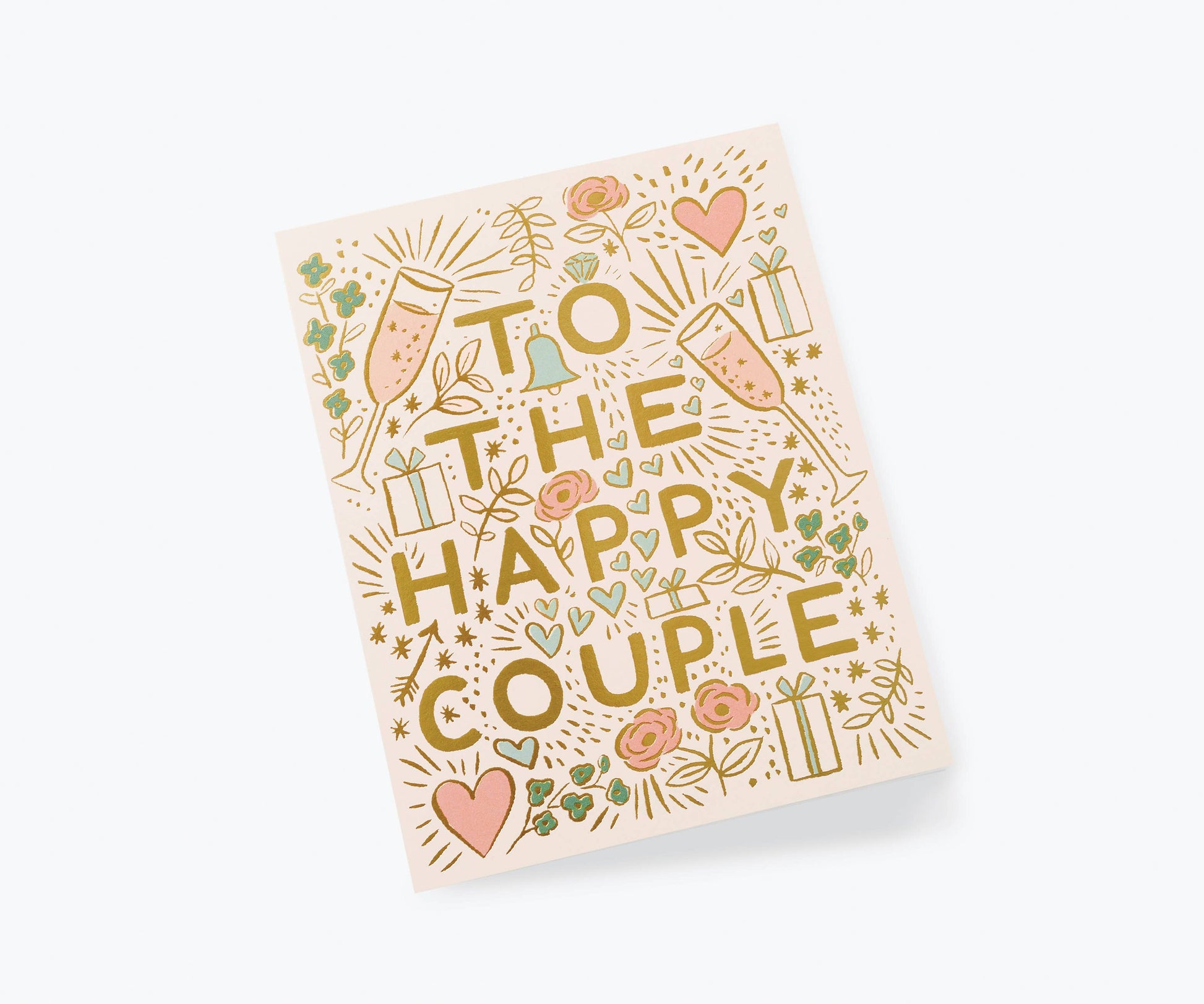 Greeting card with 'To the Happy Couple' text and decorative elements on a white background