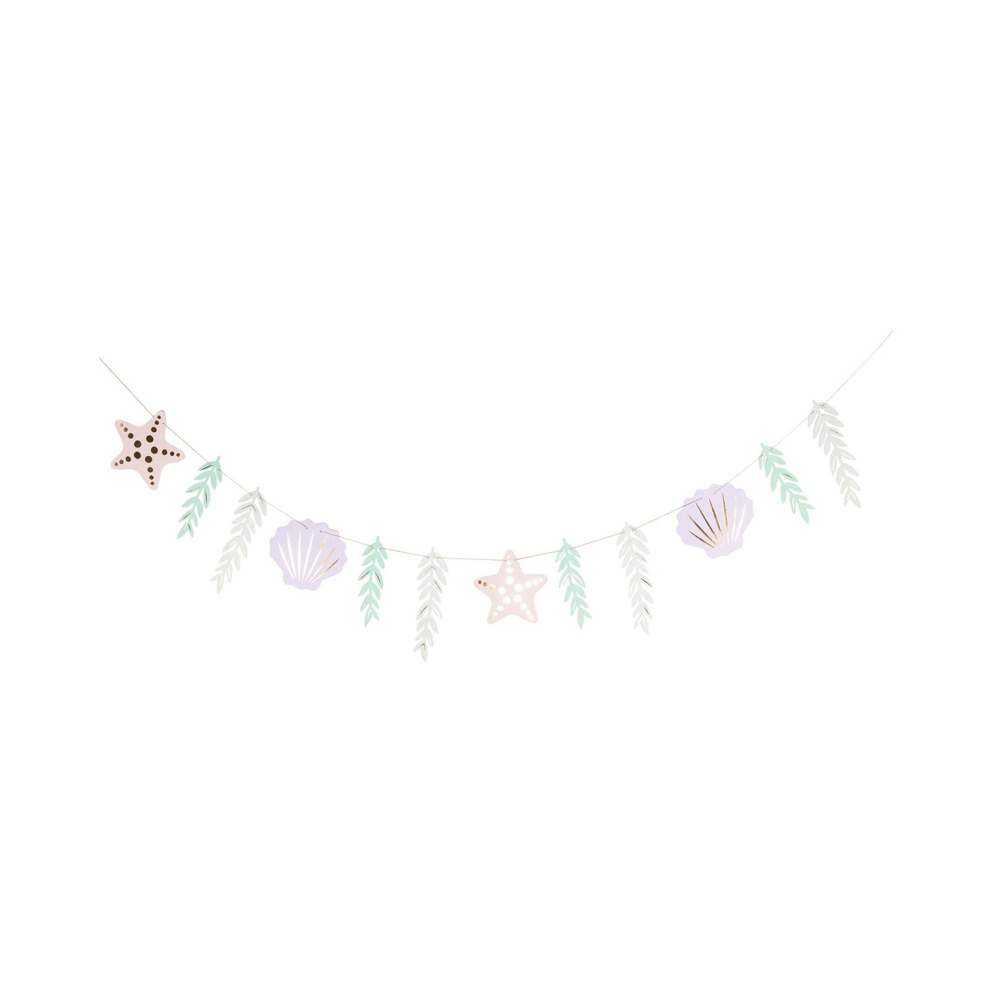 mermaid-themed party banner featuring seashells, starfish and seaweed