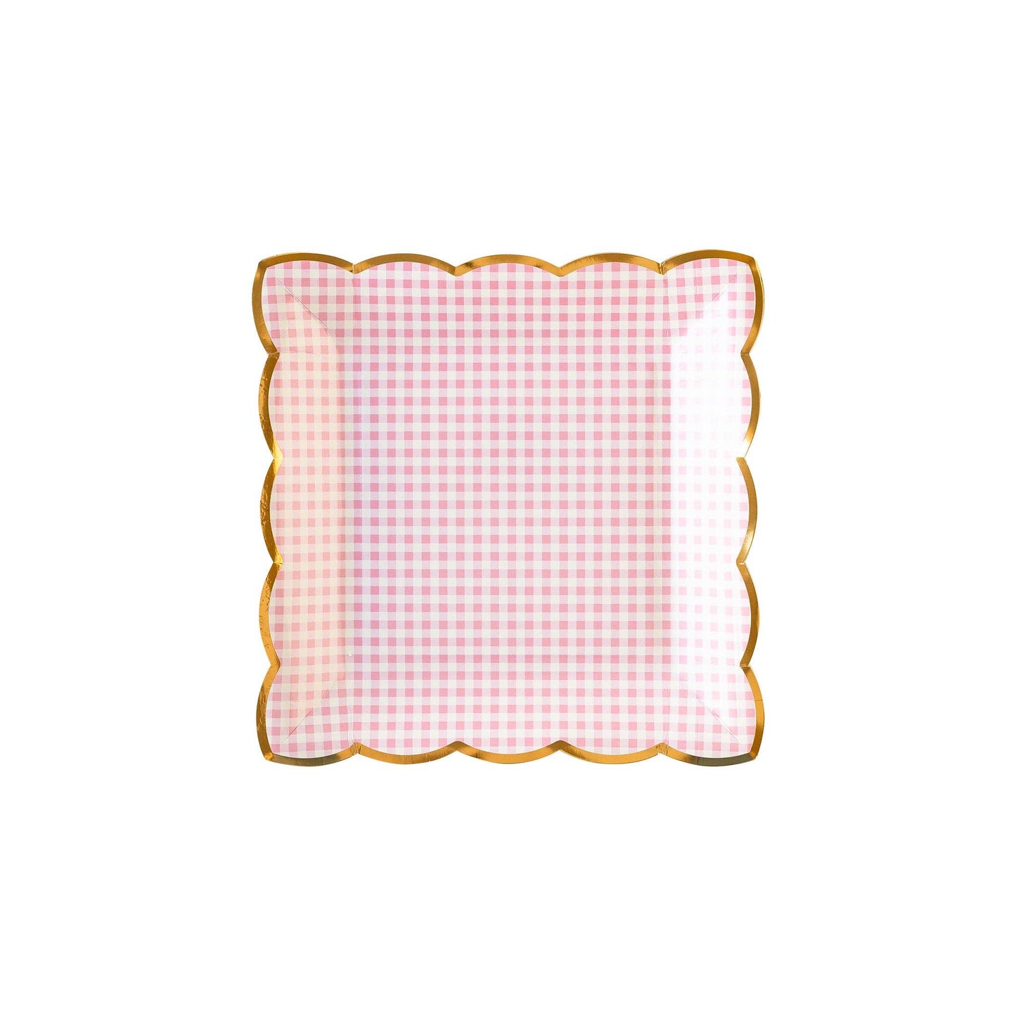 Pink gingham square scalloped plates