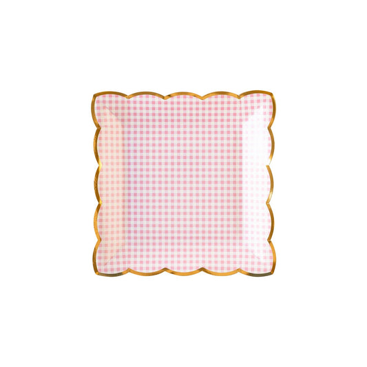 Pink gingham square scalloped plates