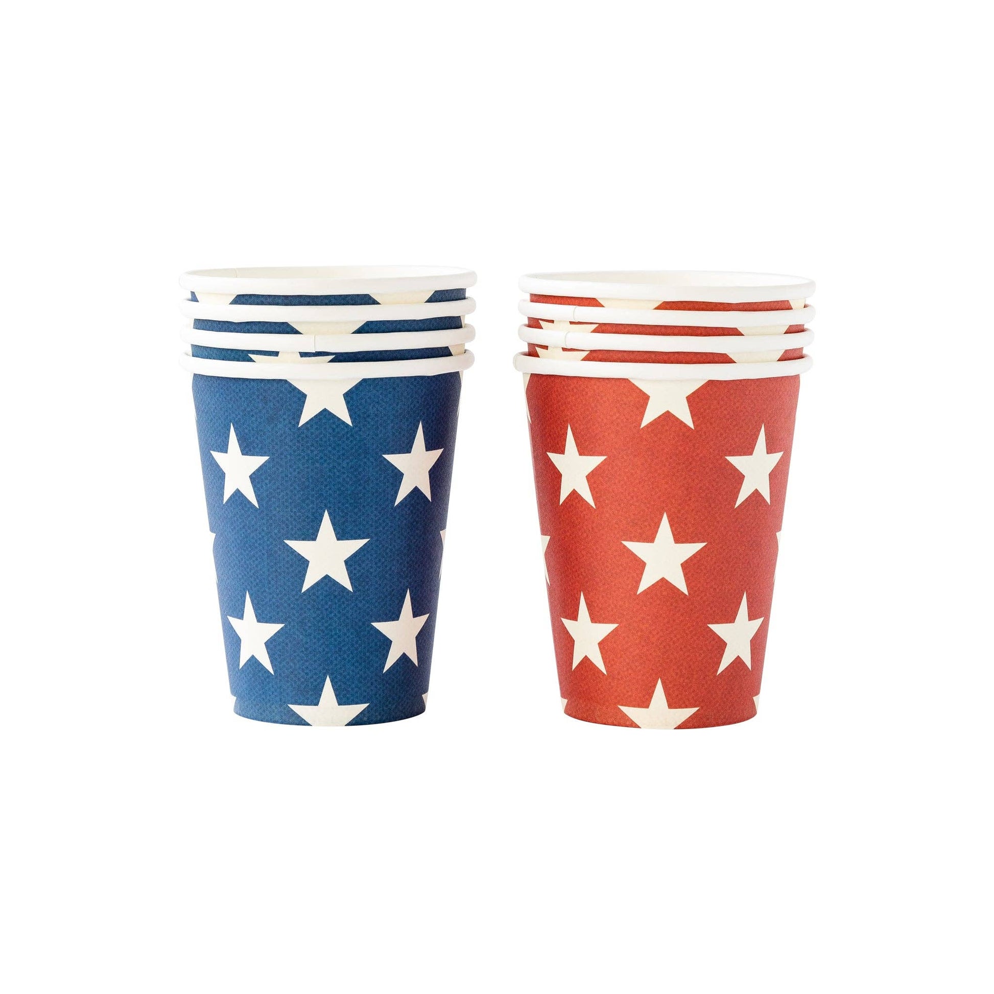 Red and blue cups with white star print