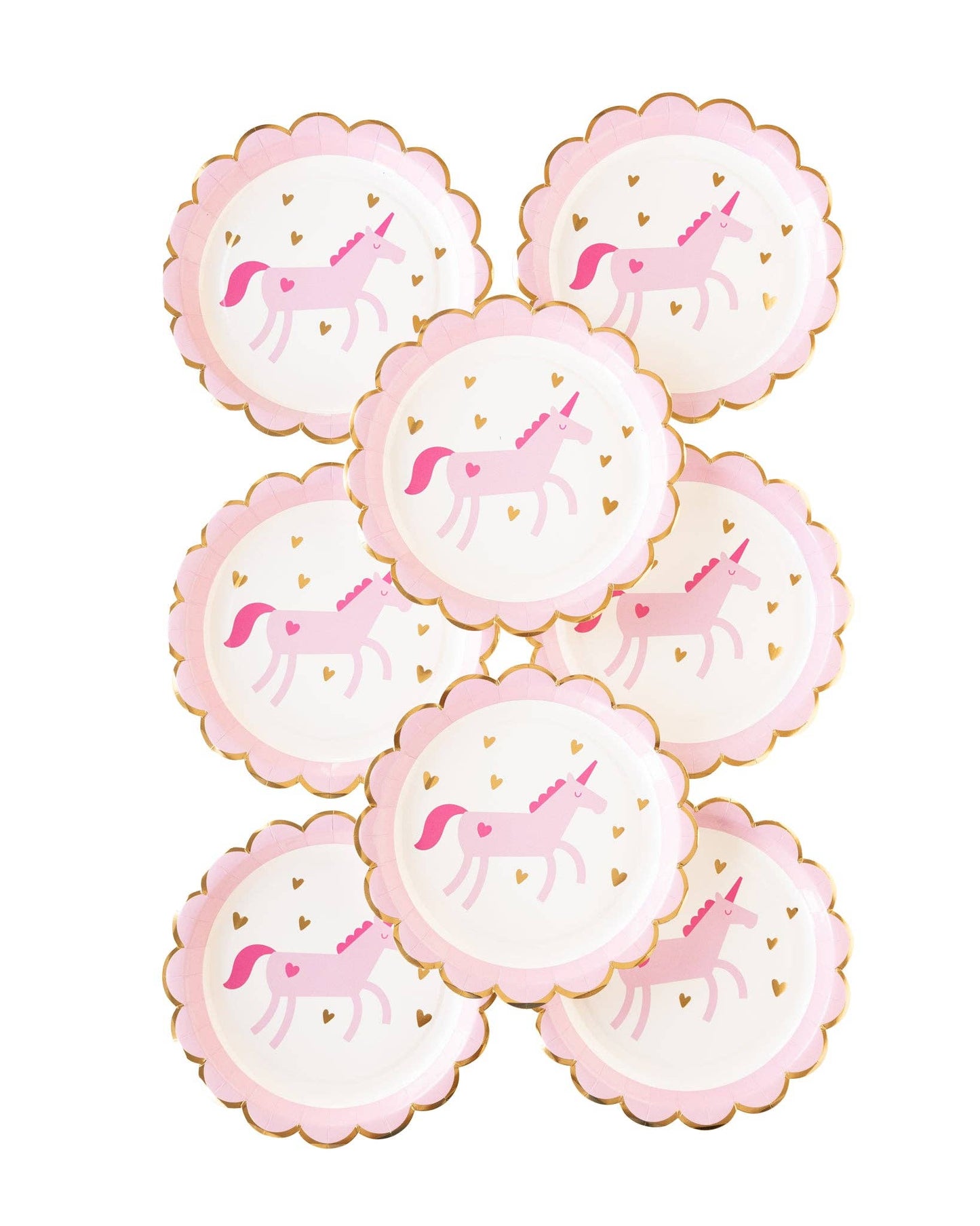 Set of 8 pink unicorn plates on a white background