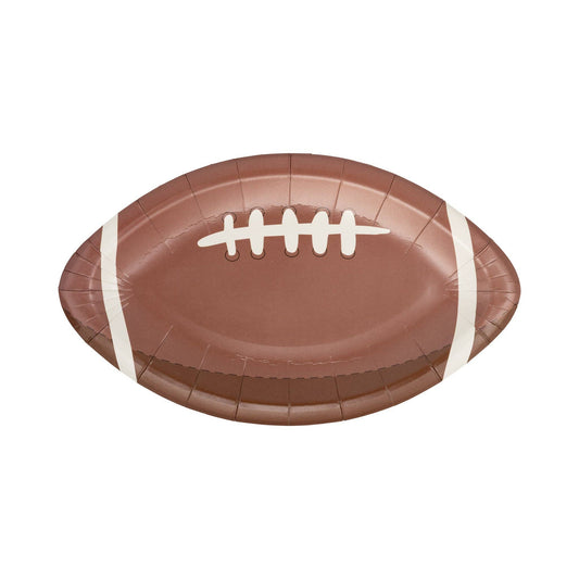 Football-shaped paper plate on a white background