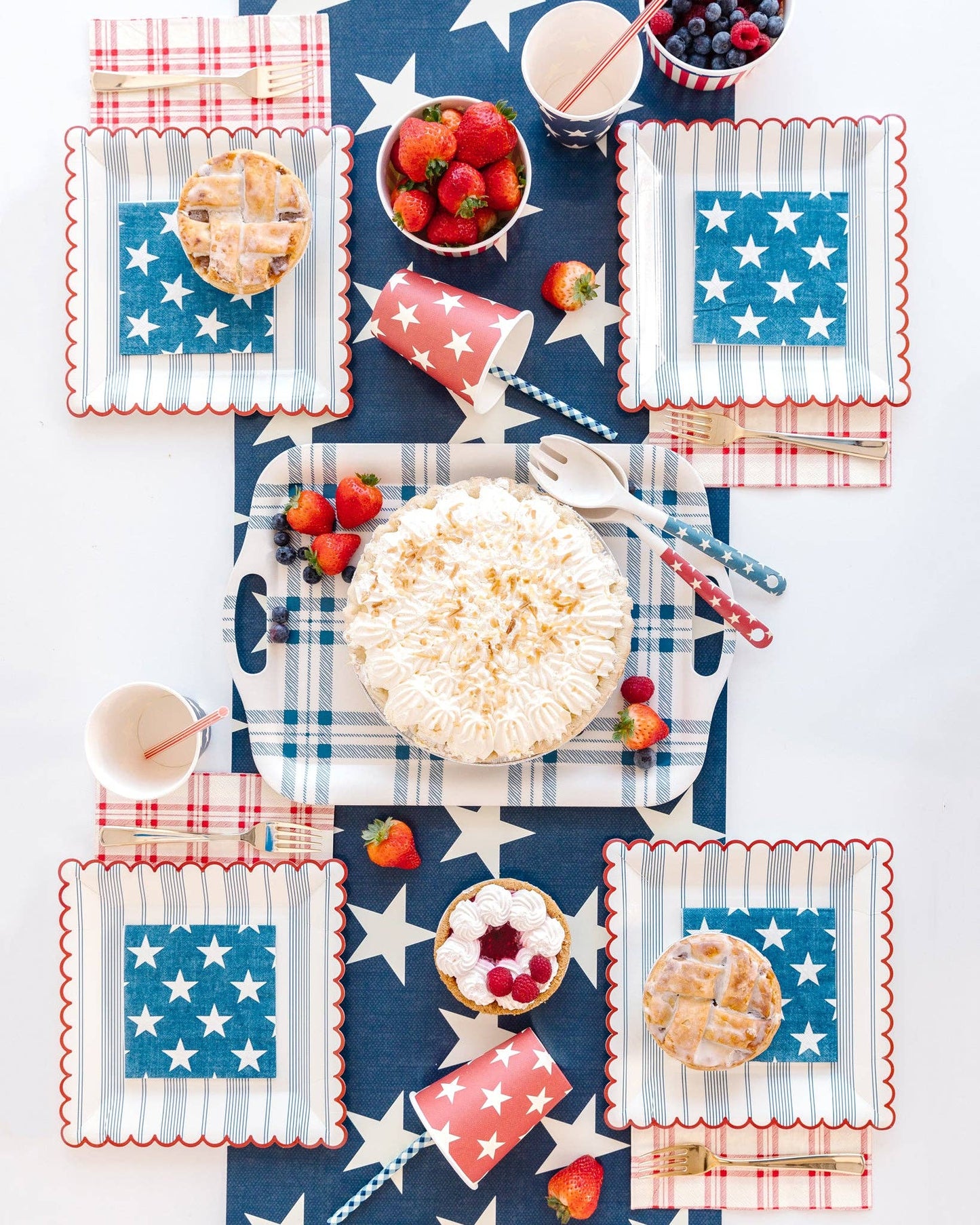 Red and blue cups with white star print