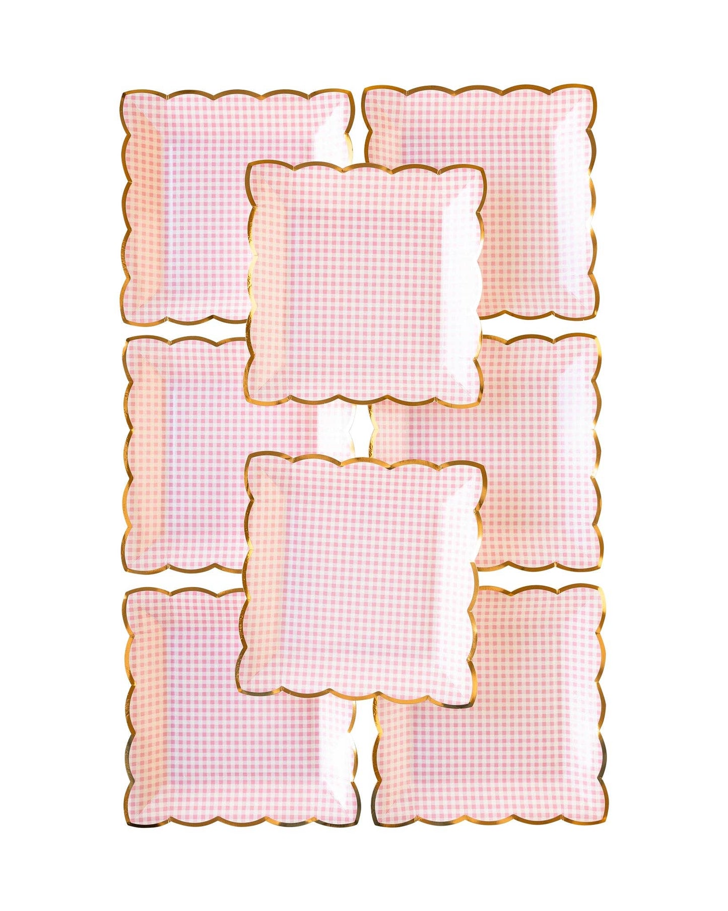 Pink gingham square scalloped plates