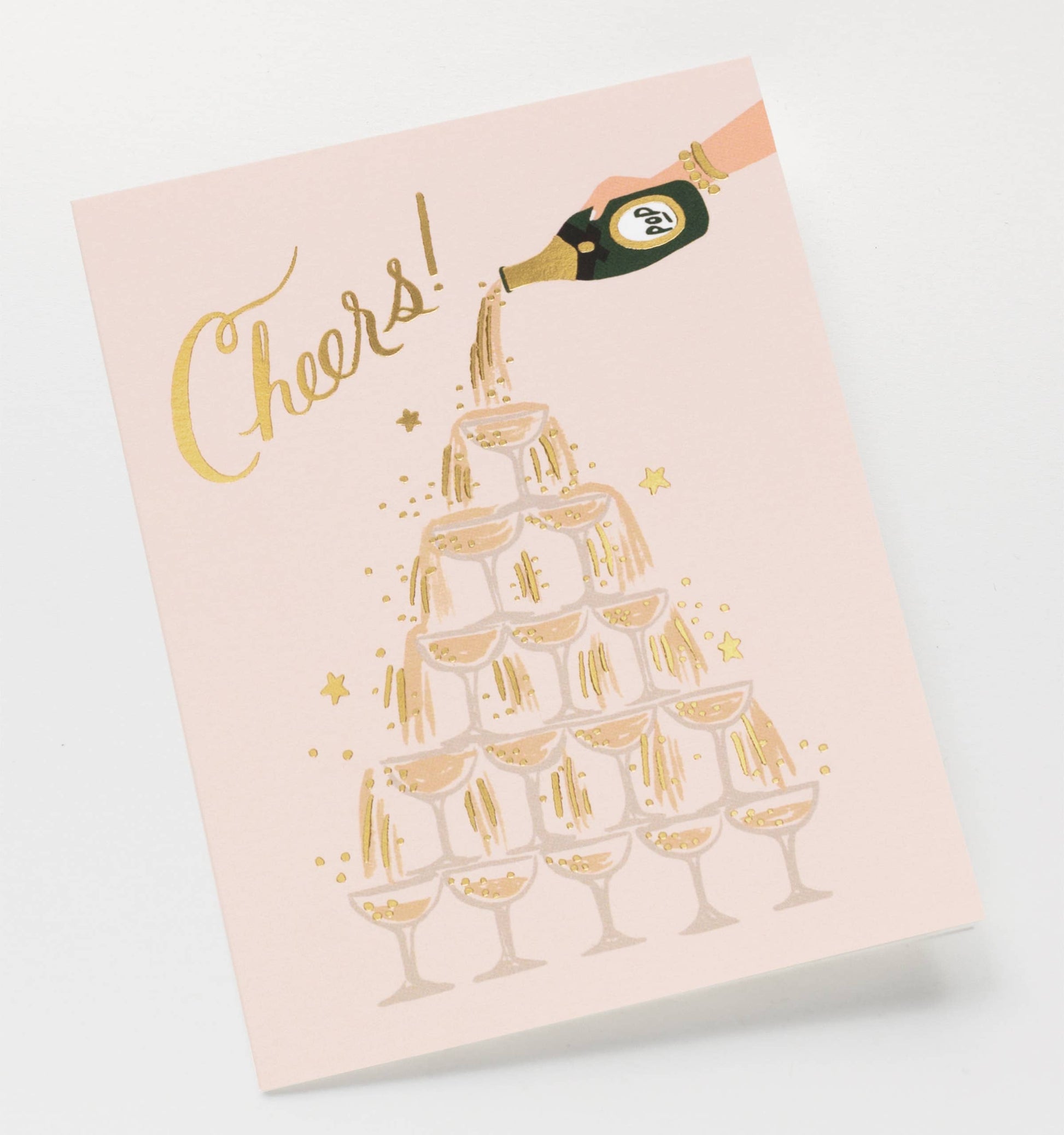 Card with champagne bottle and cake illustration on a pink background