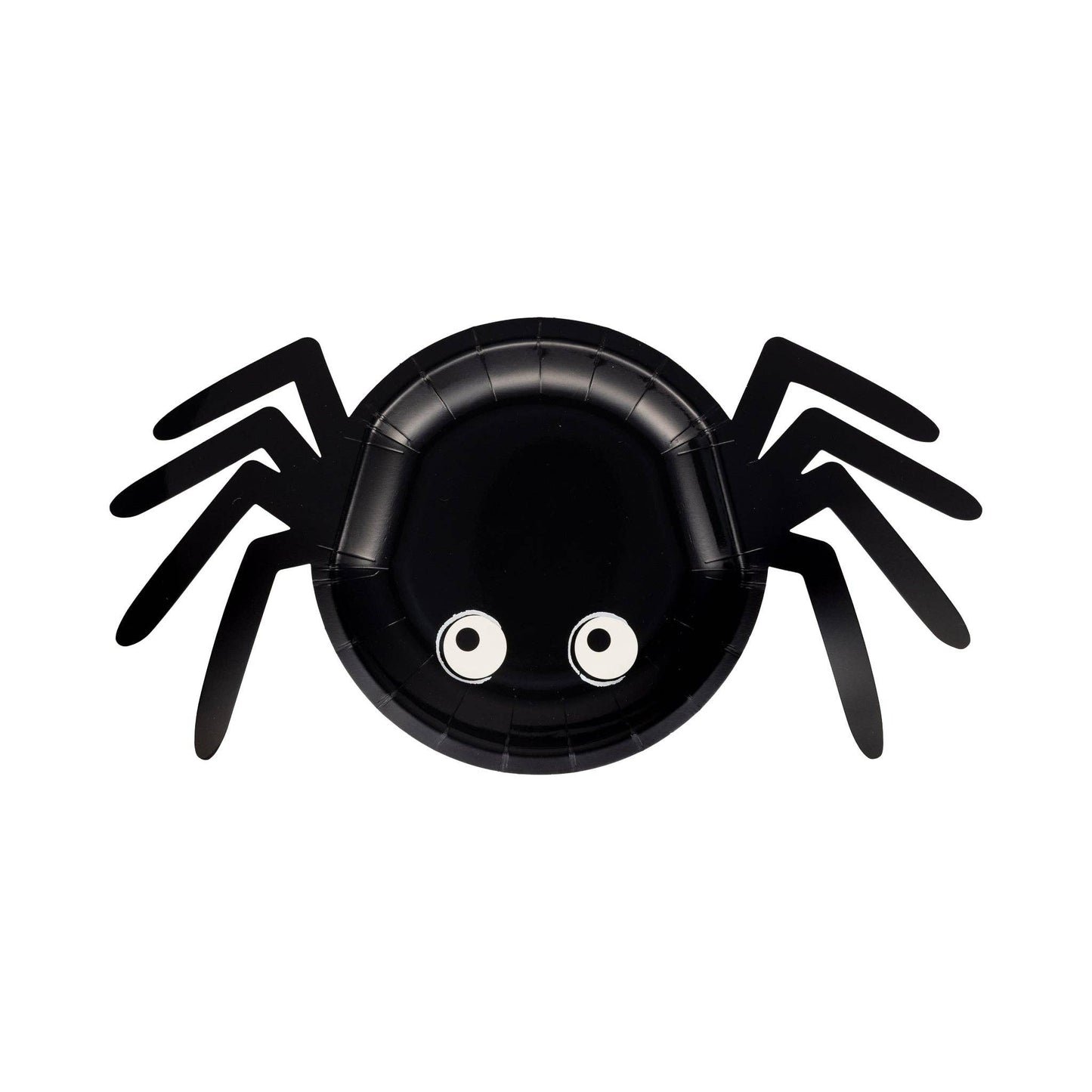 Black spider-shaped plate with googly eyes on a white background