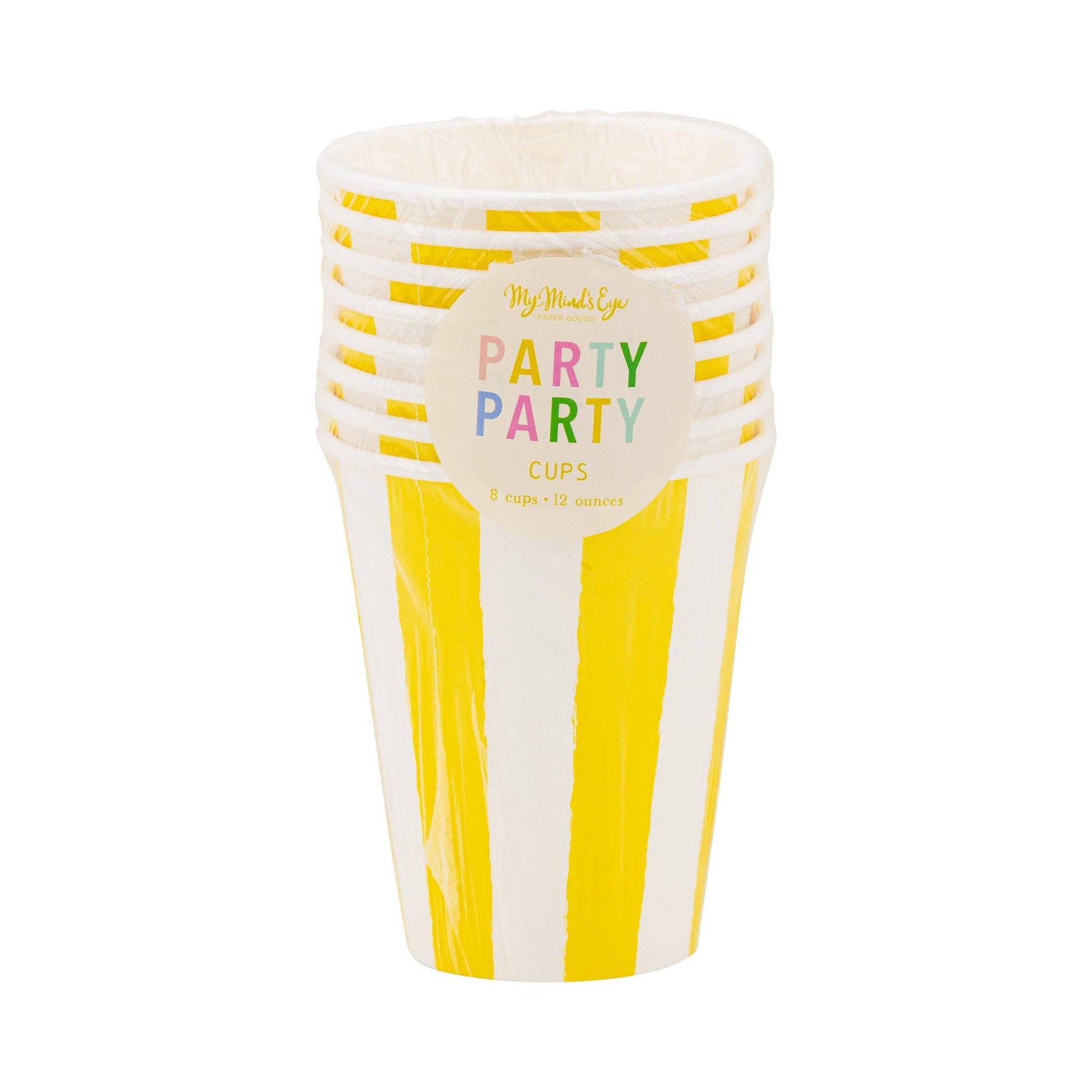 Set of yellow and white striped party cups on a white background