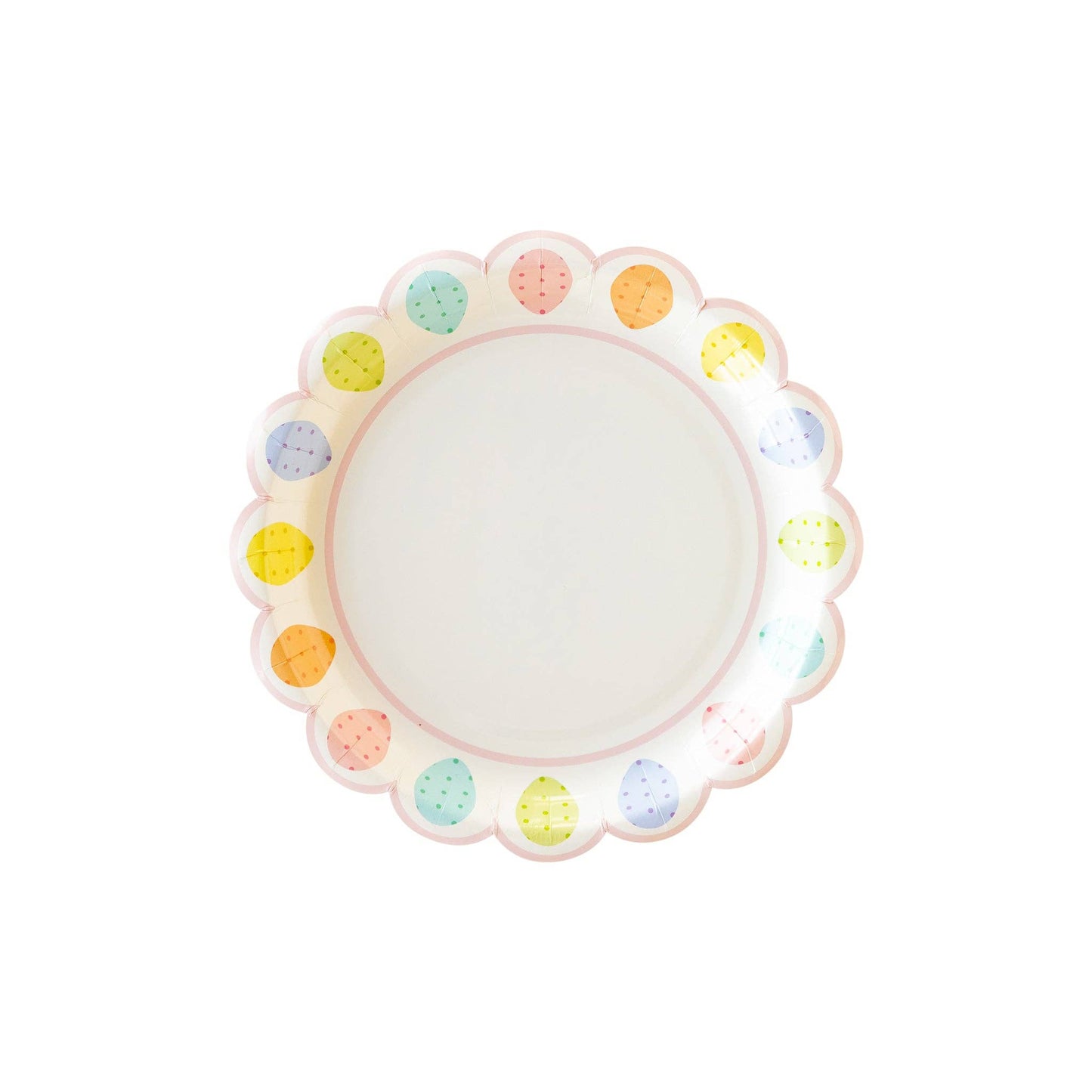 scalloped paper plate featuring multicolor easter eggs around the border