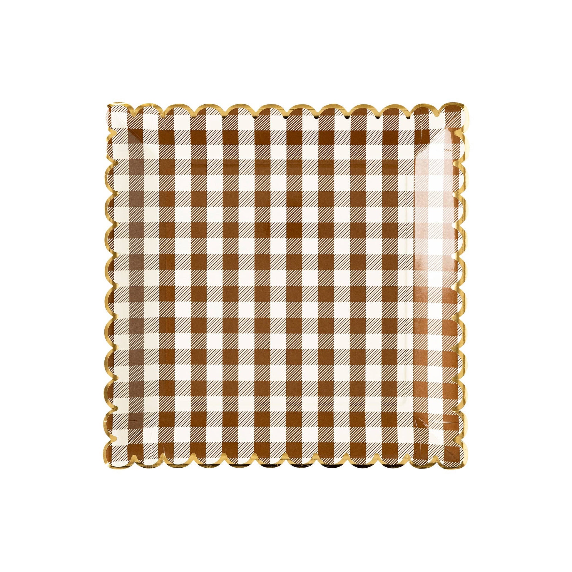 brown gingham square scalloped paper party plates