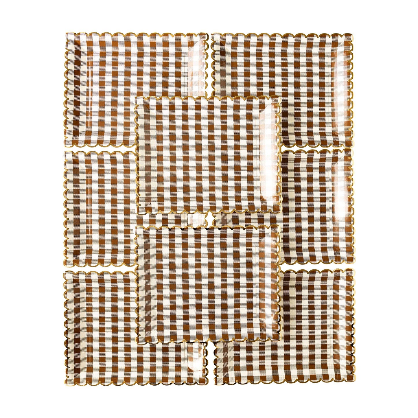 brown gingham square scalloped paper party plates