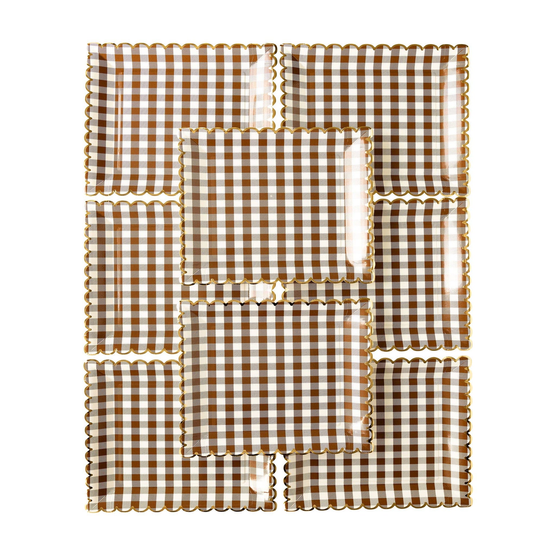 brown gingham square scalloped paper party plates