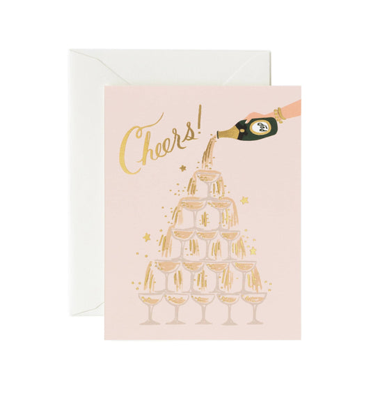 Greeting card with champagne tower illustration and 'Cheers!' text on a pink background.