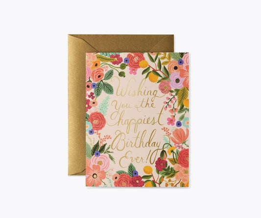 Floral birthday card with gold text and matching envelope