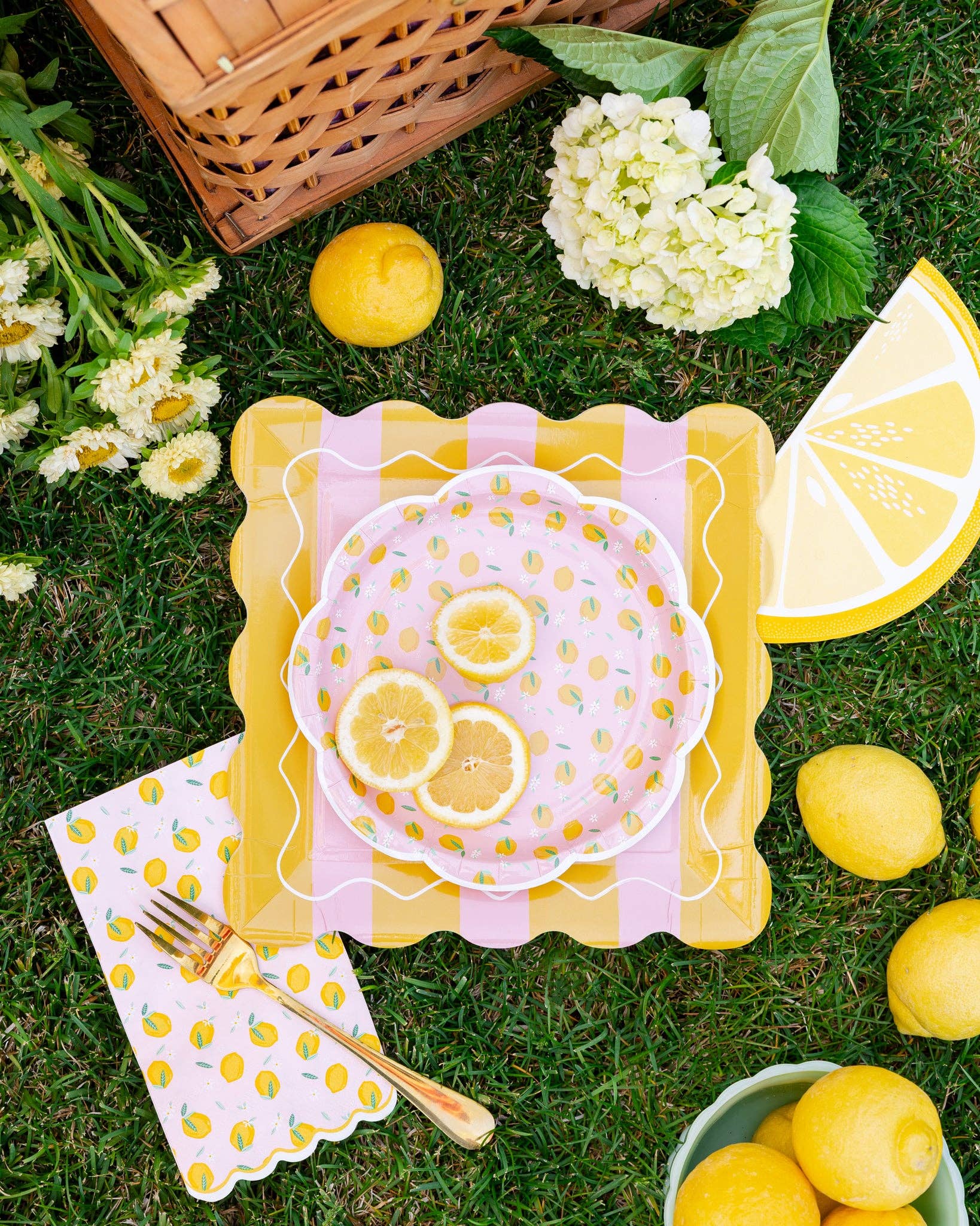 Outdoor picnic setup with lemon-themed tableware on a grassy background.