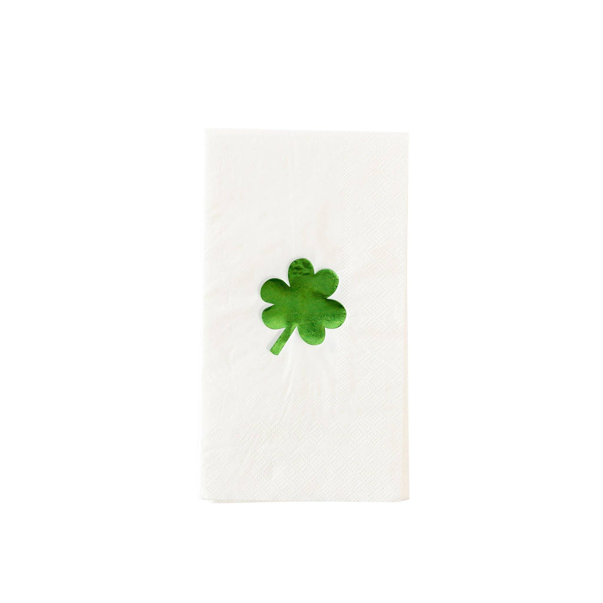 Packshot of a white dinner napkin with a green foil shamrock