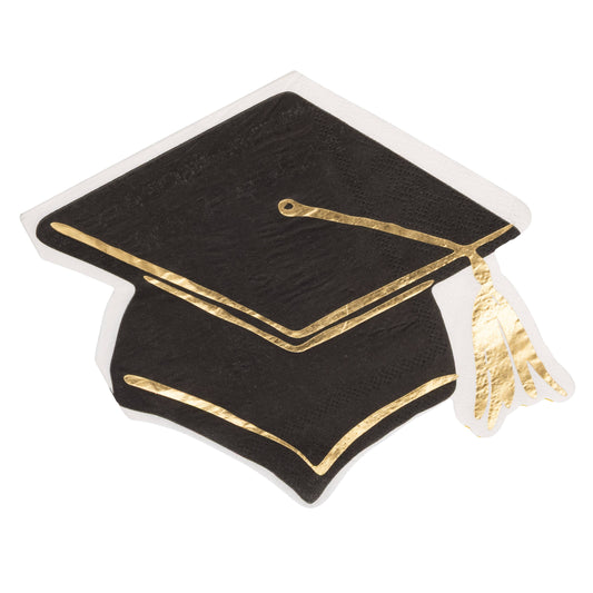 Graduation cap napkin with gold accents on a white background