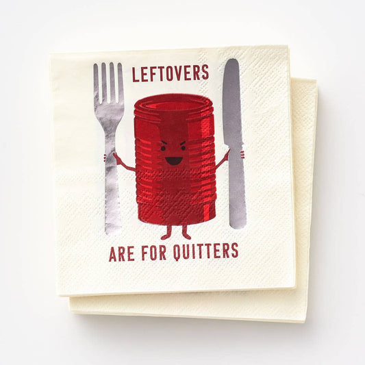 Punny napkins featuring a canned cranberry character with text "leftovers are for quitters"