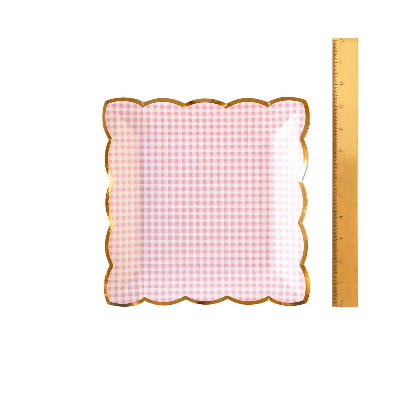 Front image of a pink gingham plate