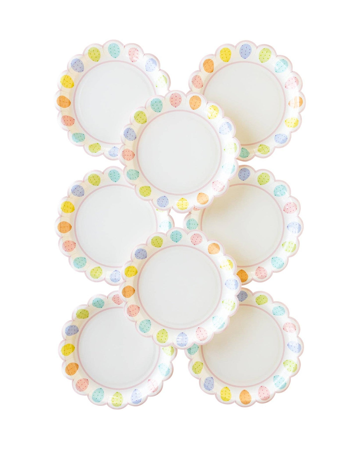 scalloped paper plate featuring multicolor easter eggs around the border