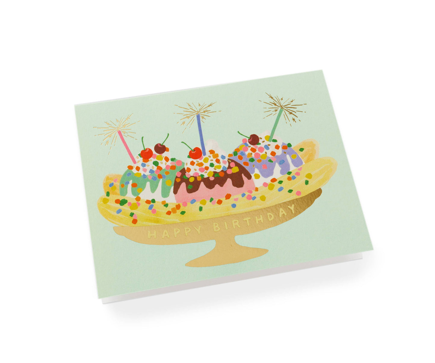 Greeting card with a birthday cake illustration on a light green background
