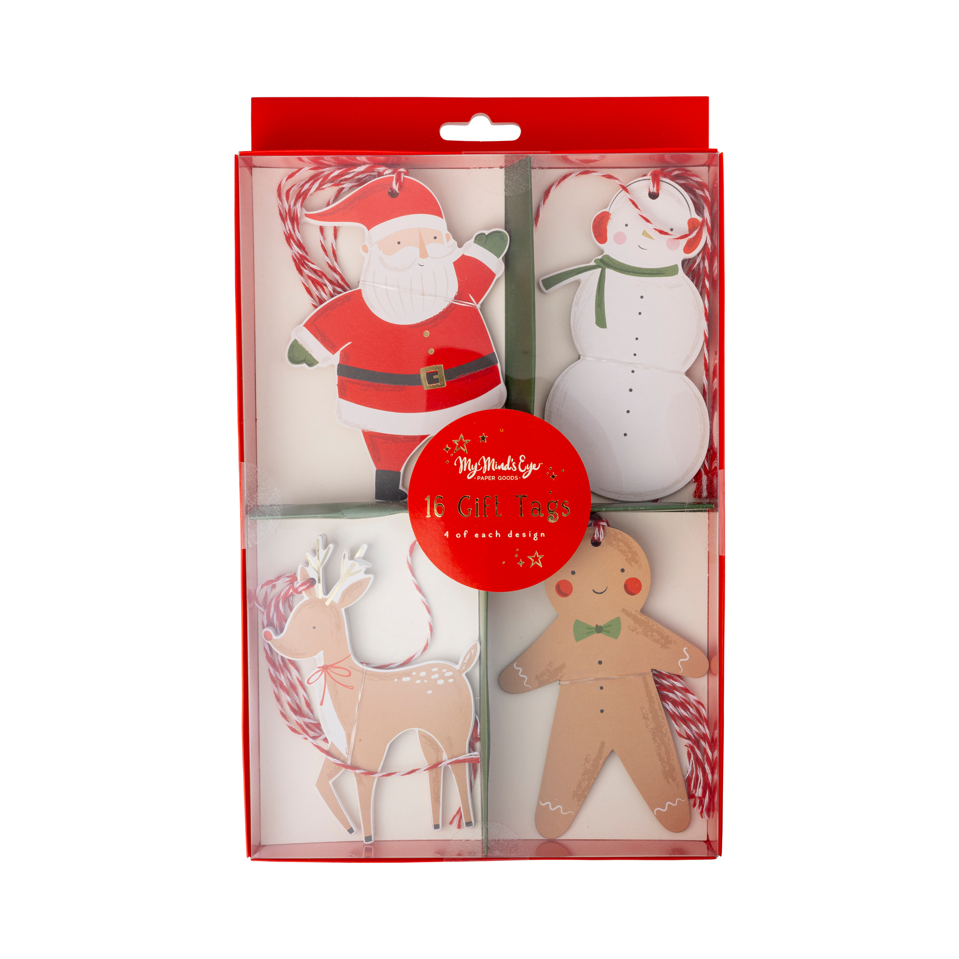 Packaged set of Christmas gift tags featuring Santa, snowman, reindeer and gingerbread man designs.