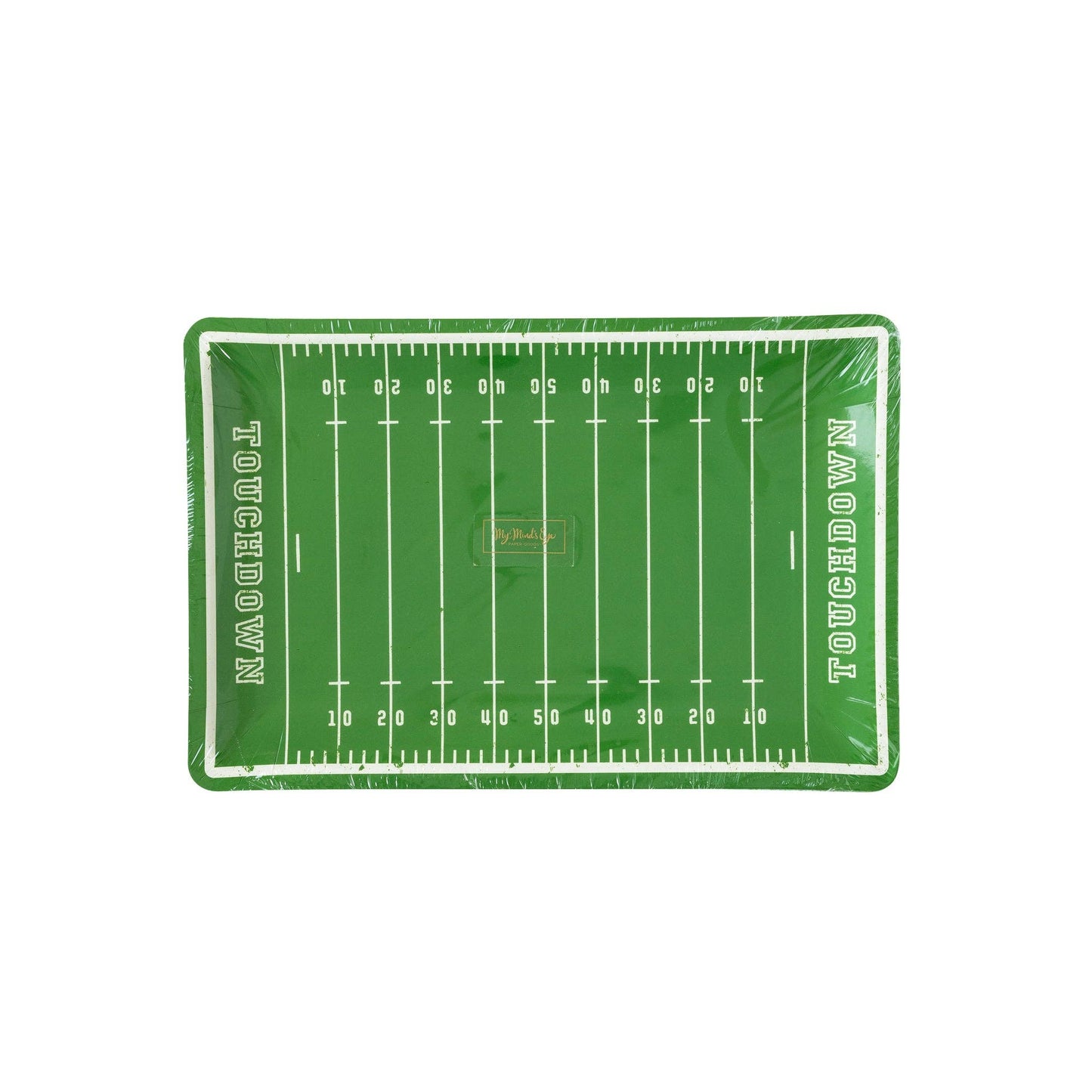 Green football field plate with 'Touchdown' text on a white background