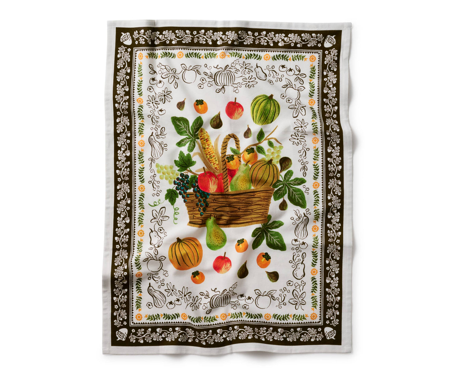 Decorative tea towel with a basket of fruits and vegetables design on a white background