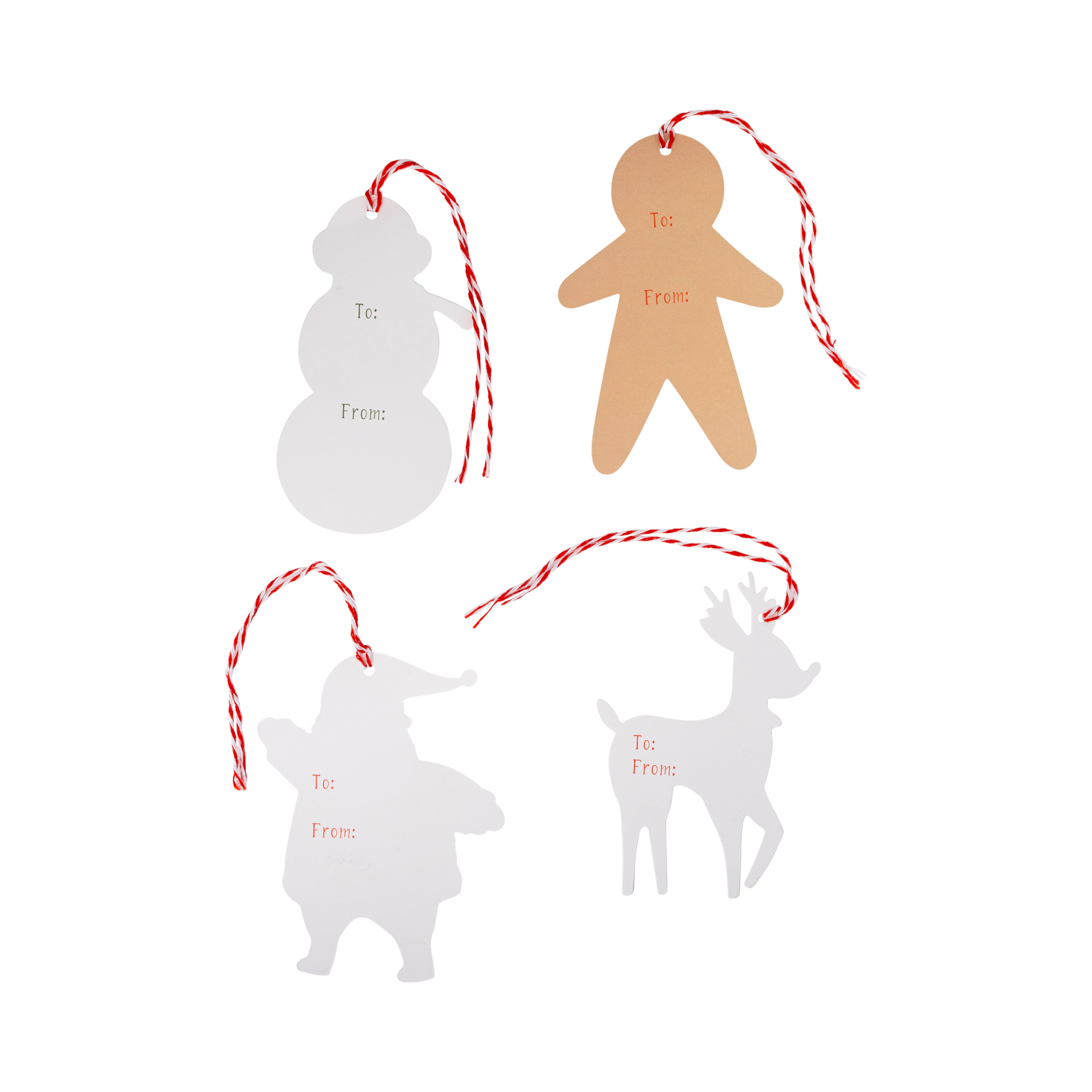 Back image of a set of Christmas gift tags shaped like a snowman, gingerbread man, Santa Claus and reindeer on a white background.