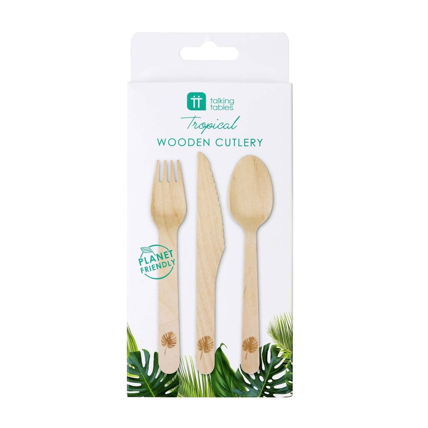 Packaged tropical wooden cutlery set with on a white background.