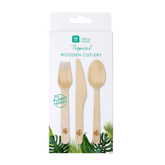 Packaged tropical wooden cutlery set with on a white background.